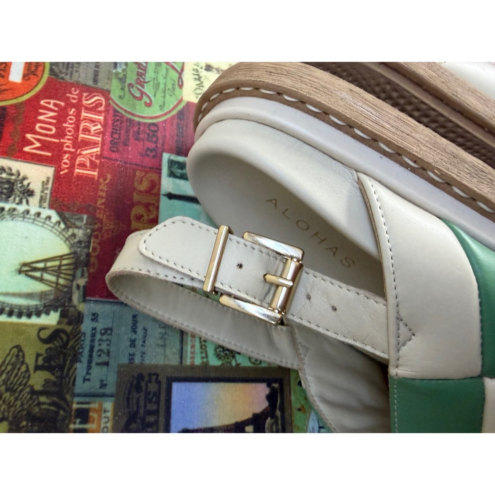 Alohas Green Cream Checkered Weave Platform Slingback Sandals Gold Buckle - Picture 8 of 14